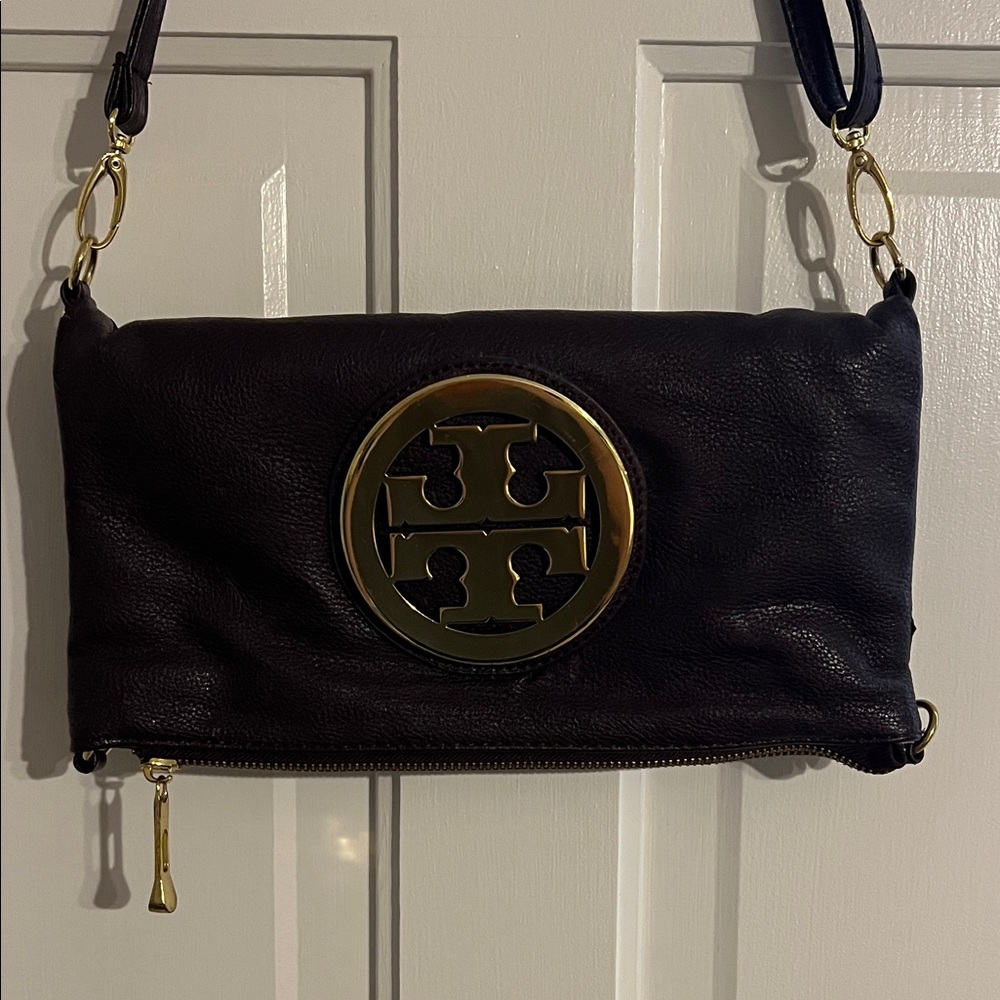 Tory Burch Dark Purple Leather Crossbody with Gold Accents